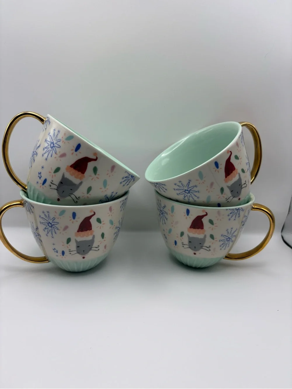 Anthropologie Emily Isabella Holiday Spirit Cat Mug Cup Gold Handle Aqua Base